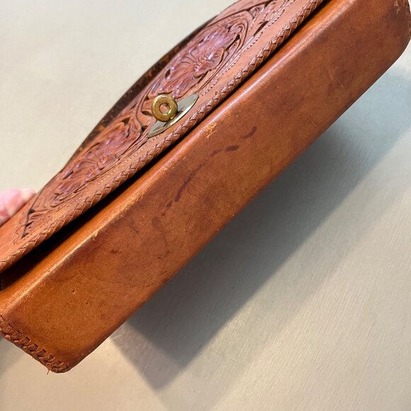 Vintage Tooled Cut Out Leather Handbag Purse Brown Green - Picture 7 of 15